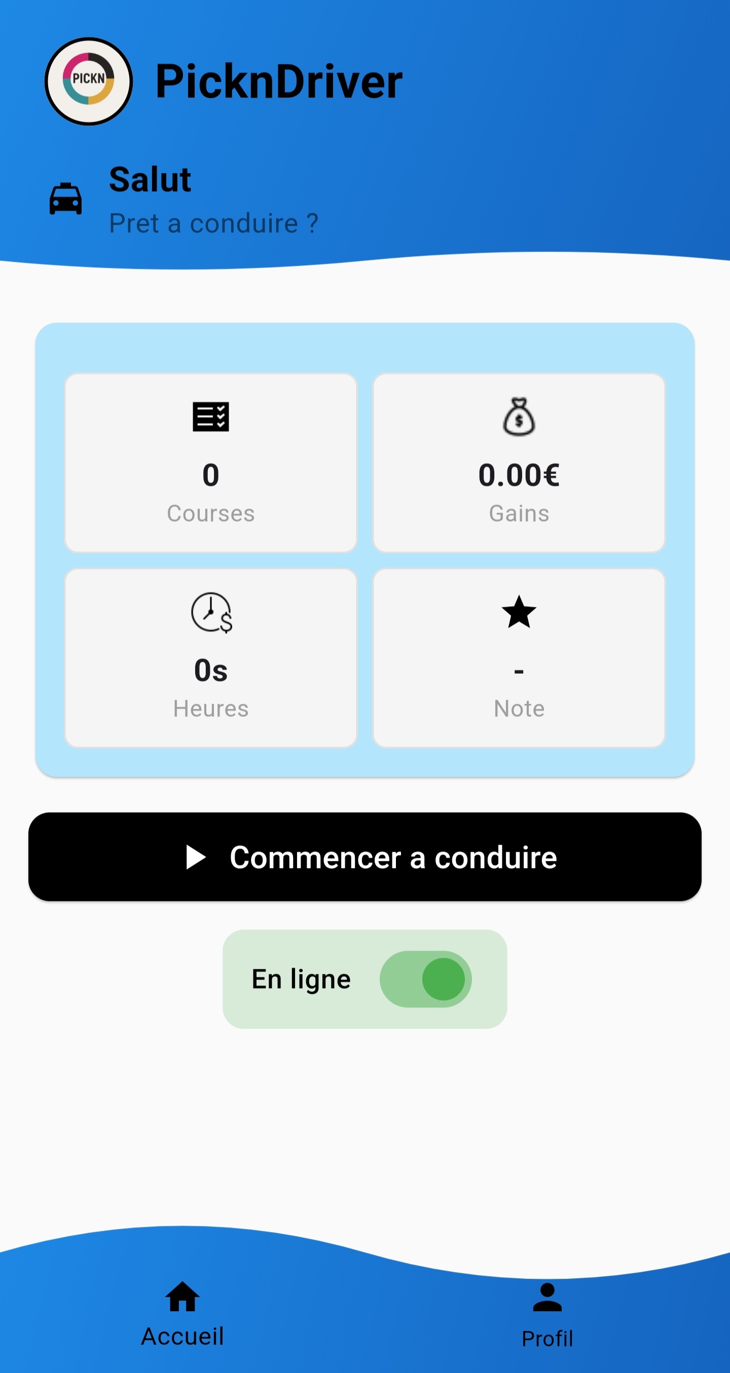 Interface de l'application PicknDriver - Écran d'accueil chauffeur